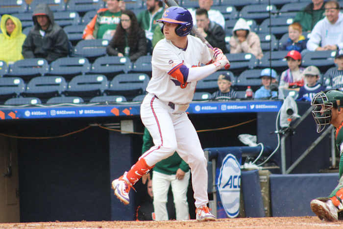 Riley Bertram’s 7th inning homerun put Clemson up for good over Miami. (Brian Hennessy - Clemson Athletics)